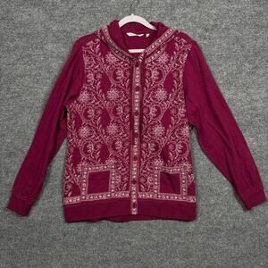 Soft Surroundings Womens Medium Hooded‎ Jacket Red Cotton Embroidered Button Up